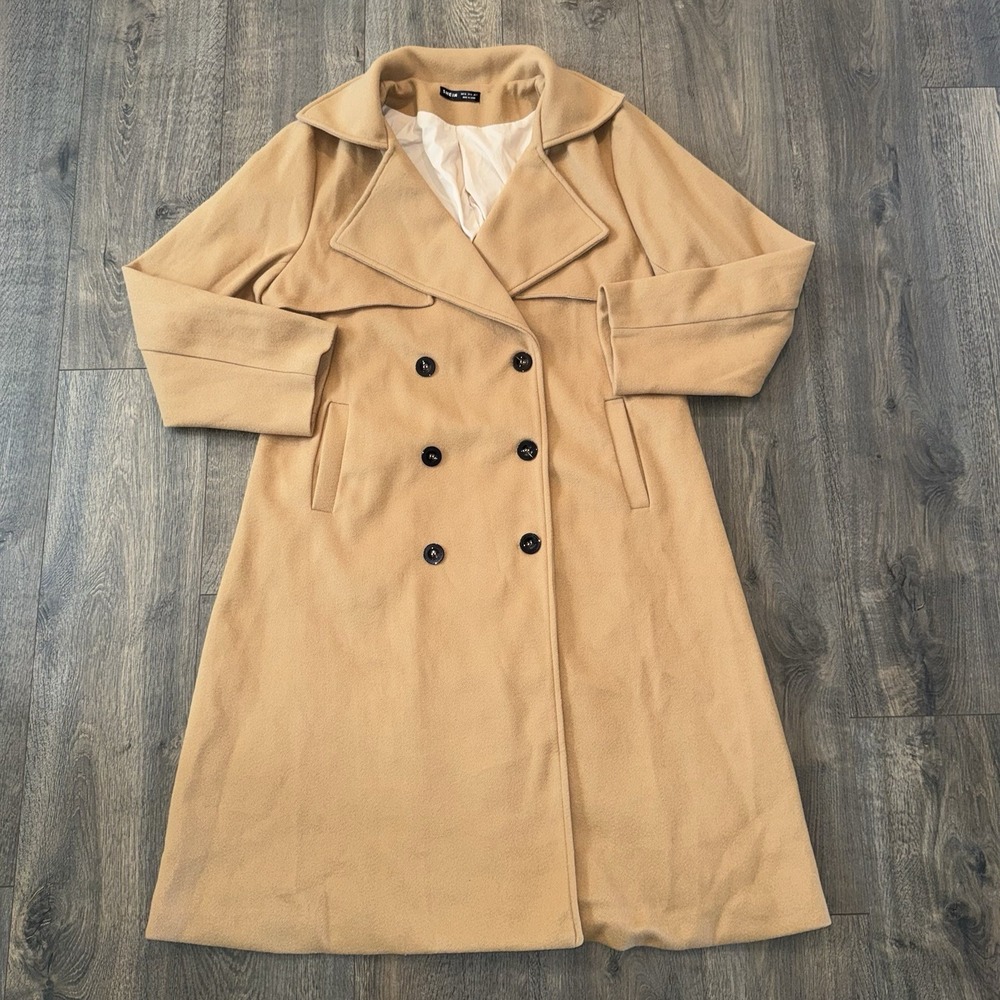 SHEIN Women XL Vintage Style Coat Double Breasted Long Camel Color 90s Old Money